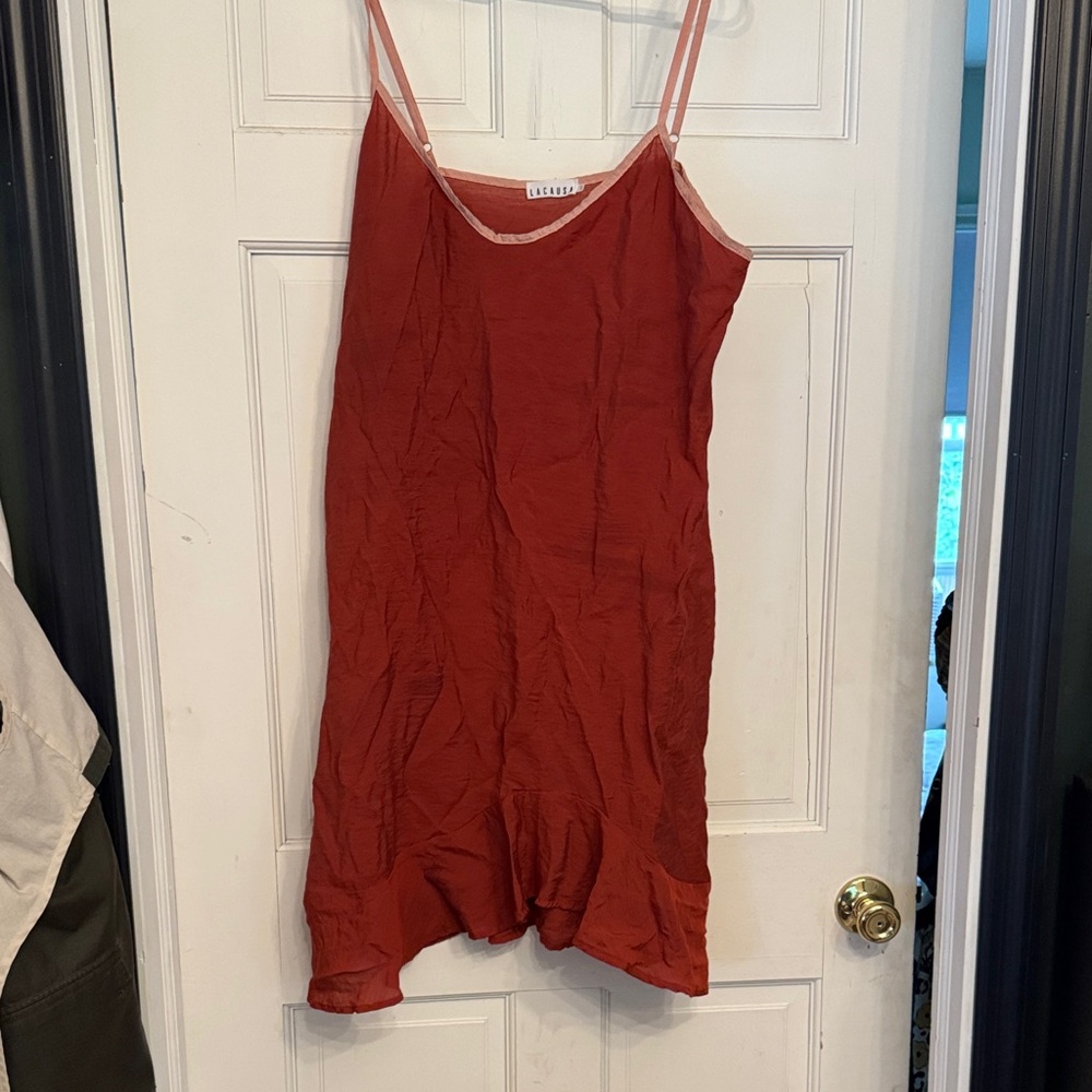 LACAUSA Rust Red Mini Slip Dress with Pink Trim